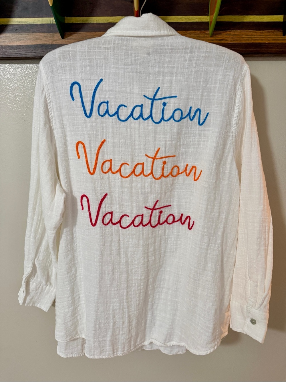 Surf Gypsy White Button-Up Top with Gold Tag Detail
